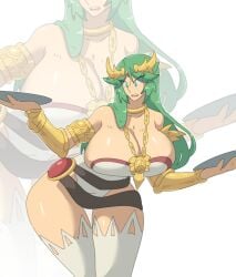 bending_over big_breasts bimbo breasts clothed clothing gold_(metal) gold_jewelry green_hair huge_breasts jewelry kid_icarus kid_icarus_uprising leedraw11 palutena voluptuous voluptuous_female wide_hips