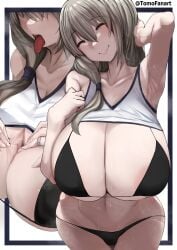 1girls arm_up armpits arms_up black_bra black_panties blush bra breasts cleavage closed_eyes curvy embarrassed female grey_hair highres huge_breasts jewelry large_areolae long_hair mature_female milf multiple_views open_mouth oppai paizuri_invitation panties plump ring shy smile sweat tomodachi_(tomofanart) tongue tongue_out underwear uzaki-chan_wa_asobitai! uzaki_tsuki voluptuous wavy_mouth