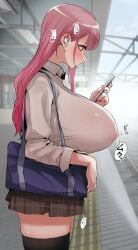 asymmetrical_legwear black_legwear fully_clothed gigantic_breasts gyaru japanese_text metro miniskirt nipple_bulge painted_nails pink_fingernails pink_hair plaid_skirt public_indecency railway_track ricochet-gou school_bag school_uniform side_view skirt speech_bubble text thick_thighs train_station very_long_hair watching_masturbation watching_porn watching_video white_legwear wide_hips