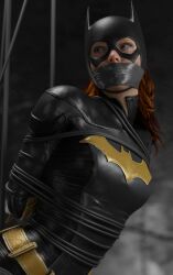 arms_behind_back barbara_gordon batgirl bondage bound bound_arms bound_legs bound_wrists damsel_in_distress dc dc_comics duct_tape female frogtie gag gagged ginger gotham_knights red_hair rindekey superheroine suspended suspension suspension_bondage tape tape_gag tied_up