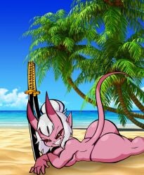 beach big_ass big_butt bikini black_eyes horns jek_korpen pink_body real_background smiling smiling_at_viewer swords white_hair