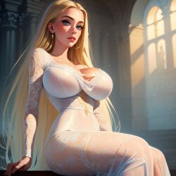 ai_generated audiostick blonde_hair blue_eyes blush breasts bust-waist_contrast church cleavage earrings eyelashes large_breasts lipstick long_hair looking_at_viewer robe sitting slim_waist stable_diffusion tight_clothing