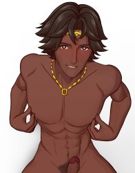 1boy abs bare_chest black_hair blush dark-skinned_male dark_skin exposed_torso fire_emblem fire_emblem_engage flirting flirting_with_viewer fogado_(fire_emblem) gold_jewelry jewelry male male_only melanin muscles muscular muscular_male necklace nipple_play nipples nude_male pecs playing_with_nipple pov prince princegribble seductive_smile shirtless smile smooth_skin solo_male starry_eyes