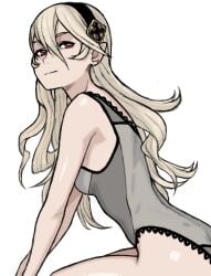 1girls ass bare_thighs big_ass blonde_hair corrin_(fire_emblem) corrin_(fire_emblem)_(female) female female_only fire_emblem fire_emblem_fates hairband long_hair looking_back nintendo pointy_ears red_eyes sitting small_breasts smile solo thighs wabaki