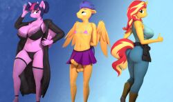 16:9 1boy 2023 2girls 3d absurd_res adjusting_glasses alicorn alternate_hairstyle animal_genitalia animal_penis anthro ass balls big_breasts bikini bikini_top bikini_top_only blush boots bottomwear bra breasts clothed clothing coat crossdressing digital_media_(artwork) equestria_girls equid equine equine_genitalia equine_penis erection erection_under_skirt eyeshadow eyewear feathered_wings feathers female fingers fishnet fishnet_legwear flash_sentry_(mlp) floppy_ears folded_wings footwear friendship_is_magic fur furry genitals gesture girly glasses gradient_background group hair hair_bun hand_on_glasses hands_behind_back hasbro hi_res horn horned_humanoid horse humanoid jacket_around_waist lace_bra legwear lingerie looking_at_viewer looking_away looking_back looking_back_at_viewer makeup male male/female mammal micro_bikini multicolored_hair my_little_pony open_clothing open_coat open_topwear panties pegasus penis pony sci-twi shirt short_hair silkworm205 simple_background skirt smile source_filmmaker stockings straight_hair sunset_shimmer sweatpants swimwear tail tank_top thumbs_up tongue tongue_out topwear trio twilight twilight_sparkle_(mlp) underwear unicorn widescreen wings