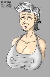 1girls 2022 alucard_belmont big_breasts bust bust_portrait busty clothes eyes_closed female female_human female_only gilf grey_background grey_hair human human_only mature_female mature_male nipple_bulge open_mouth original original_character solo_female topwear twitter watermark