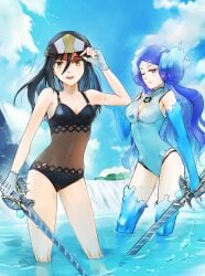 2girls black_hair black_one-piece_swimsuit black_swimsuit blue_hair blue_one-piece_swimsuit blue_swimsuit breasts brighid_(xenoblade) brown_eyes clouds core_crystal covered_navel duo elbow_gloves female female_only fingerless_gloves gloves hat holding_sword in_water large_breasts long_hair looking_at_viewer medium_breasts military morag_ladair_(xenoblade) nintendo one-piece_swimsuit outdoors outside purple_eyes see-through sky swimsuit sword uyumi_x water xenoblade_(series) xenoblade_chronicles_2