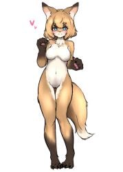 2022 5_fingers anthro blonde_hair blush brown_body brown_fur canid canine dipstick_tail female fingerpads fingers fox fur gloves_(marking) hair heart hi_res leg_markings looking_at_viewer mammal markings pawpads simple_background smile socks_(marking) solo tail tail_markings vuaisu white_background