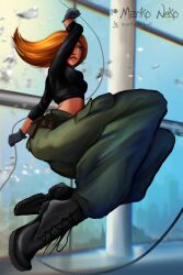 1girls action_pose breaking_glass clothed disney disney_channel female female_only glass jumping kim_possible kimberly_ann_possible marikoneko marikoneko0 solo swinging