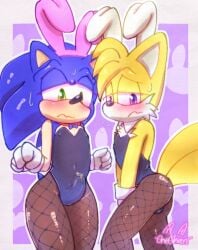 balls blush bodily_fluids bunny_costume clothing costume covering_crotch dripping duo embarrassed femboy genital_fluids genitals girly male male/male net_stockings nipple_outline onechan precum precum_drip precum_through_clothing sega sonic_(series) sonic_the_hedgehog sonic_the_hedgehog_(series) tails wet wet_clothing