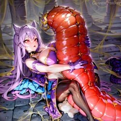 ahe_gao ai_generated bangs cannonfeather caterpillar cloves cum cum_inside dominant_feral dominant_male feral_penetrating feral_penetrating_human genshin_impact insects keqing_(genshin_impact) larger_feral larva missionary missionary_position monster no_bra purple_dress purple_hair red_eyes zoophilia