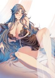 1girls alternate_costume artist_name azur_lane bed_sheet black_panties blue_eyes blue_hair blush breasts cleavage clothed clothing female female_only huge_breasts light-skinned_female light_skin looking_at_viewer negligee northern_parliament_(azur_lane) official_alternate_costume on_bed panties solo sovetskaya_belorussiya_(azur_lane) sovetskaya_belorussiya_(relaxation_stratagem)_(azur_lane) wotengu