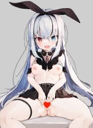 ass black_skirt bow breasts censored clothes_lift female grey_background grey_hair hairbow hands_on_own_crotch heart heart_censor heterochromia highres long_hair looking_at_viewer miniskirt nipples no_bra no_panties open_mouth original pleated_skirt pussy pussy_juice ribbon shirt shirt_lift short_sleeves simple_background sitting skirt skirt_lift smile solo spread_legs spread_pussy teranekosu thigh_strap thighs white_shirt