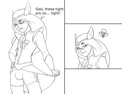 1boy 2010s 2018 adora annoyed armor bike_shorts black_and_white bracer bulge bulge_through_clothing clothing comic crossdressing dialogue dress dress_lift dress_pull english_text femboy feminine_male flat_chest fully_clothed genderswap genderswap_(ftm) human light_bulb line_art long_hair male male_only monochrome page_1 pauldrons rule_63 she-ra she-ra_and_the_princesses_of_power simple_background sissy skirt skirt_lift skirt_pull solo solo_male standing superkiak text tiara trap very_long_hair white_background