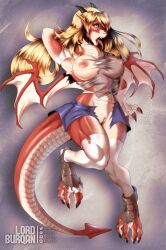 absurd_res anthro blonde_hair bottomwear clothing dragon female hair hi_res horn human lordburqan mammal mid_transformation red_body red_scales scales scalie shokuhou_misaki skirt solo spade_tail species_transformation tail to_aru_kagaku_no_railgun to_aru_majutsu_no_index tongue tongue_out torn_clothing transformation wings