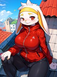 2d ai_generated anthro blush breasts bunny_ears bunny_girl bunny_tail detailed_background female female_anthro female_focus female_only female_pokemon jacket large_breasts long_eyelashes nintendo orange_eyes pokémon_(species) pokemon pokemon_only pokemon_ss raboot sweatband thick_thighs tights tomboy white_fur