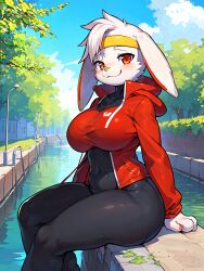 2d ai_generated anthro blush breasts bunny_ears bunny_girl bunny_tail detailed_background female female_anthro female_focus female_only female_pokemon jacket large_breasts long_eyelashes nintendo orange_eyes pokémon_(species) pokemon pokemon_only pokemon_ss raboot sweatband thick_thighs tights tomboy white_fur