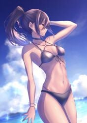 1girls beach bikini black_bikini black_hair black_swimsuit bracelets breasts choker clouds earrings hakusai midriff morag_ladair_(xenoblade) navel o-ring_bikini o-ring_swimsuit ocean outdoors outside ponytail sky small_breasts solo solo_female swimsuit water xenoblade_(series) xenoblade_chronicles_2 yellow_eyes