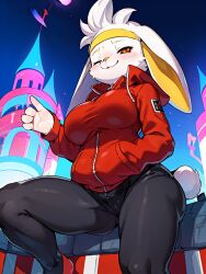 2d ai_generated anthro blush breasts bunny_ears bunny_girl bunny_tail detailed_background female female_anthro female_focus female_only female_pokemon jacket large_breasts long_eyelashes nintendo orange_eyes pokémon_(species) pokemon pokemon_only pokemon_ss raboot sweatband thick_thighs tights tomboy white_fur