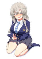 blazer blue_eyes blue_jacket blue_socks blush buttons collared_shirt double-breasted female highres implied_fingering implied_masturbation jacket long_hair low_twintails mature mature_female milf miniskirt necktie open_mouth pleated_skirt ribbon school_uniform shirt sitting skirt skirt_tug smile socks striped_necktie sweatdrop take_(shokumu-taiman) thighs transparent_background trembling twintails uzaki-chan_wa_asobitai! uzaki_tsuki voluptuous white_hair white_shirt