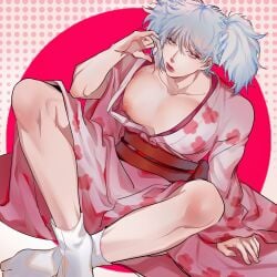 2_duchi canon_crossdressing crossdressing drag_queen full_body gintama gintoki_sakata kimono lipstick makeup male male_only nipple_slip obi official_alternate_costume paako pecs pink_background pink_theme silver_hair sitting solo tabi twintails white_hair wig