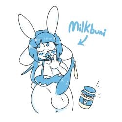 1futa 4_ears anthro blue_eyes blue_hair blue_lips blue_penis bottomless bunny choker clothed clothing cowprint cum_drip cum_dripping cum_dripping_from_penis cum_in_container cute futa_only futanari huge_lips lagomorph leporid leporid_humanoid long_penis milkbuni milkbuni_(character) mostly_nude original_character rabbit rabbit_ears rabbit_humanoid self_upload shortstack solo solo_futa standing white_fur