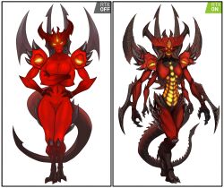 anthro big_breasts blizzard_entertainment border breasts claws curvy_figure demon diablo diablo_(character) diablo_3 digital_media_(artwork) digitigrade featureless_breasts featureless_crotch female glowing glowing_eyes hi_res horn hourglass_figure looking_at_viewer multi_arm multi_limb multi_mouth nude prime_evil_diablo red_body rule_63 simple_background solo spacemaxmarine spikes spikes_(anatomy) teeth thick_thighs toe_claws white_border