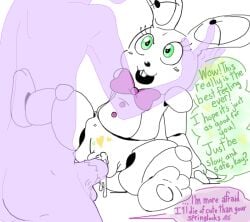 ambiguous_gender animatronic bowtie bunny buttons cum cum_in_pussy cum_inside eyelashes five_nights_at_freddy's five_nights_at_freddy's_4 five_nights_at_freddy's_world green_eyes human_on_robot inanimate legs_spread male purple_guy_(fnaf) pussy robot sentient_object sex spring_bonnie spring_bonnie_(fnaf) text vagina vaginal_penetration william_afton