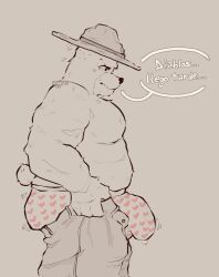 2023 anthro ass bear belly bottomwear bulge clothing dialogue genital_outline hat headgear headwear hi_res male mammal moobs overweight overweight_male pants penis_outline sargento_caricias simple_background solo spanish_text text unicorn_wars wgguus