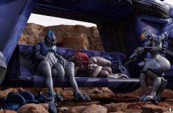 3males alien armor ass balls big_ass big_balls big_butt big_penis butt god_arch(artist) gun halo_(series) helmet huge_cock male male_only outdoors penis public sangheili