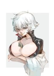 2_duchi arms_crossed_under_breasts arms_under_breasts big_breasts canon_genderswap cleavage crossed_arms dollar_bills female female_only genderswap_(mtf) ginko_sakata gintama gintoki_sakata huge_breasts looking_at_viewer money money_in_cleavage no_bra open_shirt popped_collar rule_63 short_hair smile solo upper_body white_hair