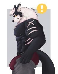 anthro blurau bottomwear bottomwear_down bulge clothed clothing exclamation_point hi_res male meme muscular muscular_male nipples pants pants_down partially_clothed pulling_up_pants solo tight_pants_(meme) underwear