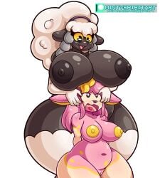 2023 anthro areola belly big_areola big_breasts black_areola black_body black_eyes black_nipples blush bovid breasts caprine dark_body dark_skin deerling duo embarrassed eye_contact fan_character female female/female fluffy fluffy_hair fur generation_5_pokemon generation_8_pokemon genitals grabbing_head hair hand_on_head happy heart hi_res horizontal_pupils huge_breasts huge_hips huge_thighs looking_at_another looking_down looking_up mammal mintyspirit nintendo nipples no_sclera nude open_mouth pink_body pink_fur pink_hair pokemon pokemon_(species) puffy_hair pupils pussy sheep shy slightly_chubby smile thick_thighs watermark white_hair wool_(fur) wool_hair wooloo yellow_areola yellow_nipples yellow_sclera