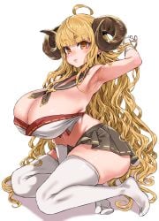 1girls anila_(granblue_fantasy) armpits arms_up asanagi bangs big_breasts blonde_hair cleavage granblue_fantasy horn horns huge_breasts kneeling long_hair looking_at_viewer miniskirt shortstack solo solo_female solo_focus stockings thick_thighs thighhighs unusual_pupils