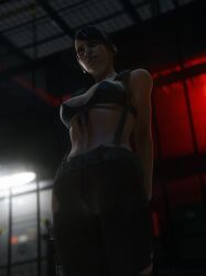 1girls 3d areolae athletic athletic_female blender bottomless bottomwear bra breasts brown_hair brown_hair detailed_background erect_nipples female female_focus female_only looking_at_viewer looking_down medium_breasts metal_gear metal_gear_solid metal_gear_solid_v netcrum nipples nipples_visible_through_clothing nude nude_female pants presenting quiet_(metal_gear) solo solo_female solo_focus standing topless topwear viewed_from_below watermark