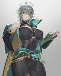 1girls alhaitham_(genshin_impact) big_breasts bodysuit book cloak cuboon curvy female female_only genderswap_(mtf) genshin_impact green_eyes grey_hair large_breasts looking_at_viewer rule_63 short_hair solo solo_female thick thick_thighs voluptuous