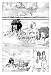 6girls alternate_breast_size bath big_breasts black_hair blush breasts censored censored_nipples cleavage comic curvy edit female female_focus female_only fujimin_(nagatoro) gamo-chan hayase_nagatoro huge_breasts long_hair medium_hair monochrome n647 nervous nude onsen please_don't_bully_me,_nagatoro sakura_(nagatoro) size_difference smile surprised tan tan_skin tanline tanned towel wide_hips yoshi_(nagatoro)