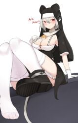 2girls ara_ara daebom feet female_only grey_hair hooded large_breasts maus mouse_ears mouse_tail multiple_girls nun nun_outfit patreon red_eyes seductive seductive_look size_difference squished_between_breasts tagme thighhighs thighs war_thunder