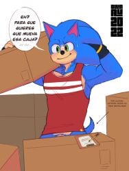 anthro blurau blush bodily_fluids bottomless clothed clothing dialogue genitals hi_res male muscular muscular_male penis sega solo sonic_(series) sonic_the_hedgehog sonic_the_hedgehog_(series) spanish_text speech_bubble sweat sweatdrop text