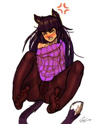 anger_vein angry artist_signature black_hair cat_ears cat_tail catgirl character_request female_only pissed_off pumpkinsinclair solo stockings sweater tagme white_background