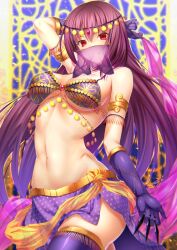 body_chains breasts dancer emanon123 face_veil fate_(series) female harem_outfit purple_outfit purple_veil red_eyes red_hair scathach_(fate) smile veil