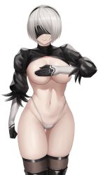 blindfold covered_nipples gloves headband kuronerinka nier:_automata pale-skinned_female pale_skin short_hair slim_waist thighhighs thong white_hair white_thong yorha_2b