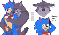 anthro balls blurau bodily_fluids bottomless canid canine canis clothed clothing dialogue duo gay genital_fluids genitals handjob hi_res male male/male mammal muscular muscular_male nipples penile penis precum reach_around sega sex sonic_(series) sonic_the_hedgehog sonic_the_hedgehog_(series) speech_bubble tears wolf