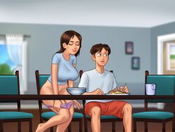 1boy 1girls 2d big_breasts bottomwear breakfast breasts brown_hair brown_hair chair closed_eyes clothing darkcookie digital_drawing_(artwork) digital_media_(artwork) duo eating horny_female jenny_(summertime_saga) light-skinned_female light-skinned_male light_skin long_hair looking_to_the_side main_character_(summertime_saga) male male/female naughty_face naughty_smile panties panties_down panties_pull pants phone pink_panties plate room shirt shorts sitting summertime_saga tan_body tan_skin tanline thick_thighs topwear underwear undressing window