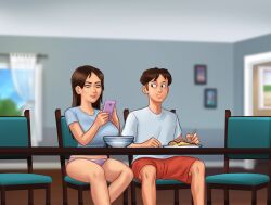 1boy 1girls 2d big_breasts bottomwear breakfast breasts brown_hair brown_hair chair clothing darkcookie digital_drawing_(artwork) digital_media_(artwork) duo jenny_(summertime_saga) light-skinned_female light-skinned_male light_skin long_hair looking_at_partner looking_at_phone looking_to_the_side main_character_(summertime_saga) male male/female panties pants phone pink_panties plate room shirt shorts sitting summertime_saga thick_thighs topwear underwear window