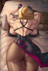 1girls 2021 ass back_muscles barghest_(gawain)_(fate) bed bedroom big_ass big_breasts blonde_hair breasts bubble_butt busty cellphone clothing dat_ass dress dumptruck_ass fat_ass fate/grand_order fate_(series) female female_only huge_ass huge_breasts indoors large_ass large_breasts light-skinned_female light_skin lying lying_on_stomach muscular_female pantyhose solo text the_freeman thick_ass thick_thighs thunder_thighs translation_request wide_hips