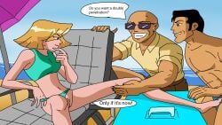 1girls 2boys anticipation beach bell_haircut blonde_hair clover_(totally_spies) exposed_pussy exposed_vagina grope horny_female horny_male imminent_anal imminent_double_penetration imminent_sex legs legs_apart legs_spread lipstick long_legs muscular_male panties_aside pubic_hair pussy sea seaside smile smiling speech_bubble spread_legs sunnie swimsuit swimsuit_aside swimwear thin_female totally_spies