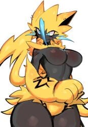 anthro anthro_only big_breasts blue_eyes blush breasts cheek_tuft collar ear_piercing earrings elbow_tufts featureless_breasts feline female female_only furry furry_only furry_tail grey_fur legendary_pokemon multicolored_body multicolored_fur navel nintendo pokemon pokemon_(species) solo thick_thighs thighs usa37107692 yellow_fur zeraora