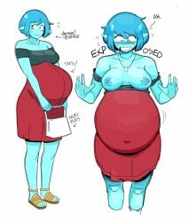 alien alien_humanoid animal_humanoid areola belly big_belly big_breasts blue_body blue_hair breasts clothing dialogue directional_arrow female fish fish_humanoid hair hi_res humanoid humanoid_pointy_ears lewdlemage marine marine_humanoid navel nipples nurs_(lewdlemage) pregnant pregnant_with_multiples purse short_blue_hair simple_background smile solo standing teeth text wardrobe_malfunction wide_eyed yellow_eyes