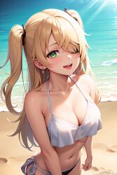 ai_generated bare_shoulders beach bikini blowjob blush breasts cute eye_patch female female_only fischl_(genshin_impact) genshin_impact green_eyes hair_over_one_eye hi_res long_hair looking_at_viewer looking_back nai_diffusion open_mouth pigtails side_swept_bangs stable_diffusion swept_bangs twintails